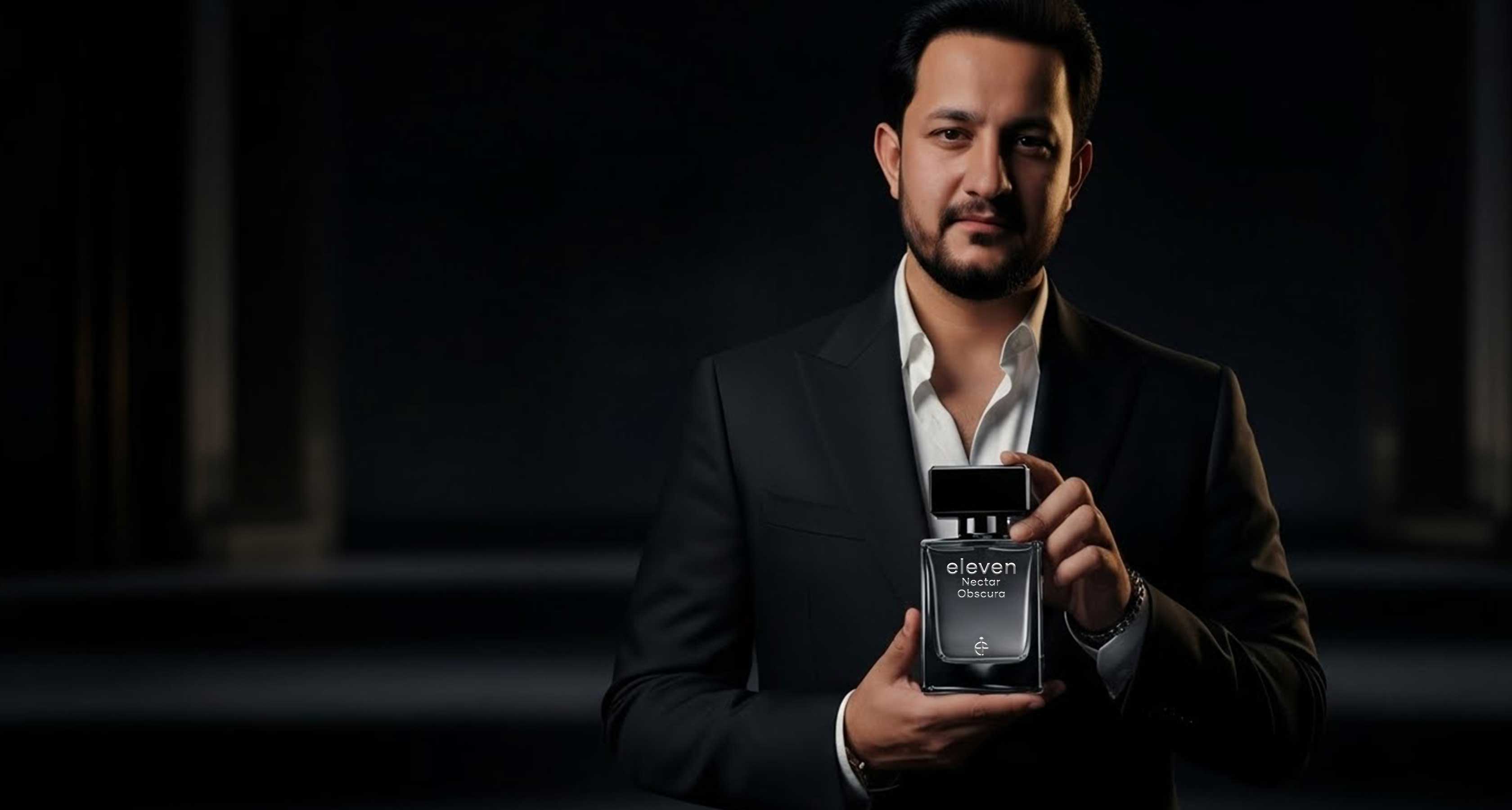 Luxury perfume web slider featuring Eleven Nectar Obscura with fruity chypre notes of passionfruit, peach, pear, raspberry, cassis, and a warm musky vanilla base.