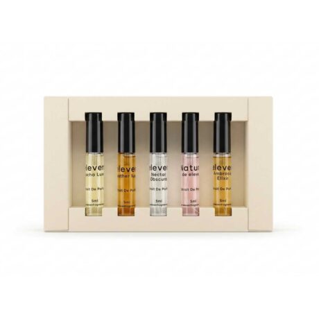 Eleven Homme Woods Discovery Box featuring five 5ml Extrait de Parfum fragrances for men