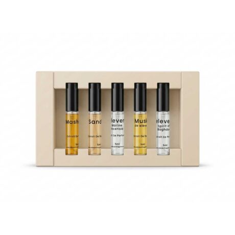 Eleven Obscura Discovery Box featuring five 5ml Extrait de Parfum fragrances with woody, musky, oriental, and chypre accords