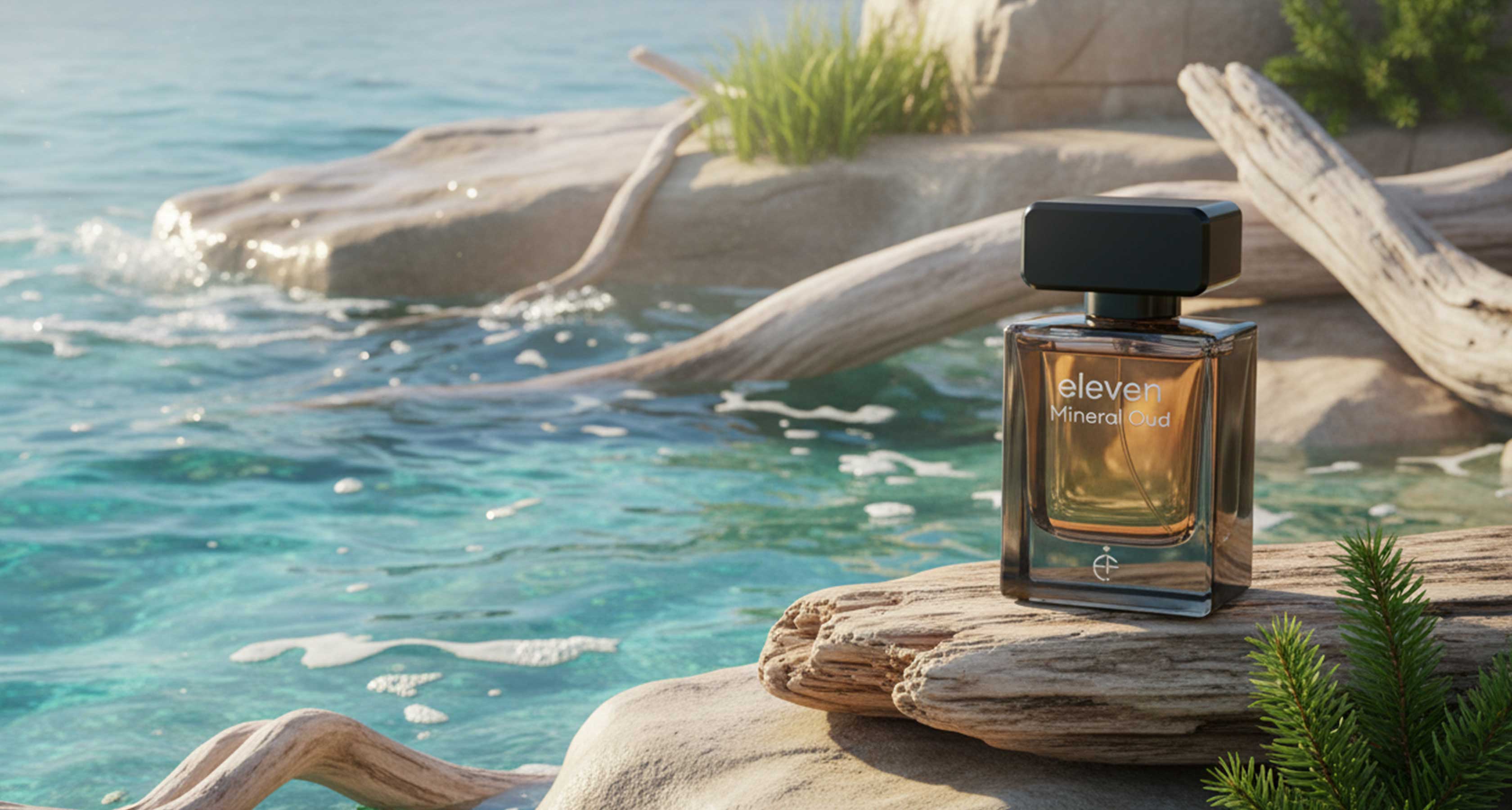 Eleven Mineral Oud perfume bottle featuring a marine and oud fragrance blend with salty aquatic notes, aromatic spices, amber, and rich woody depth.