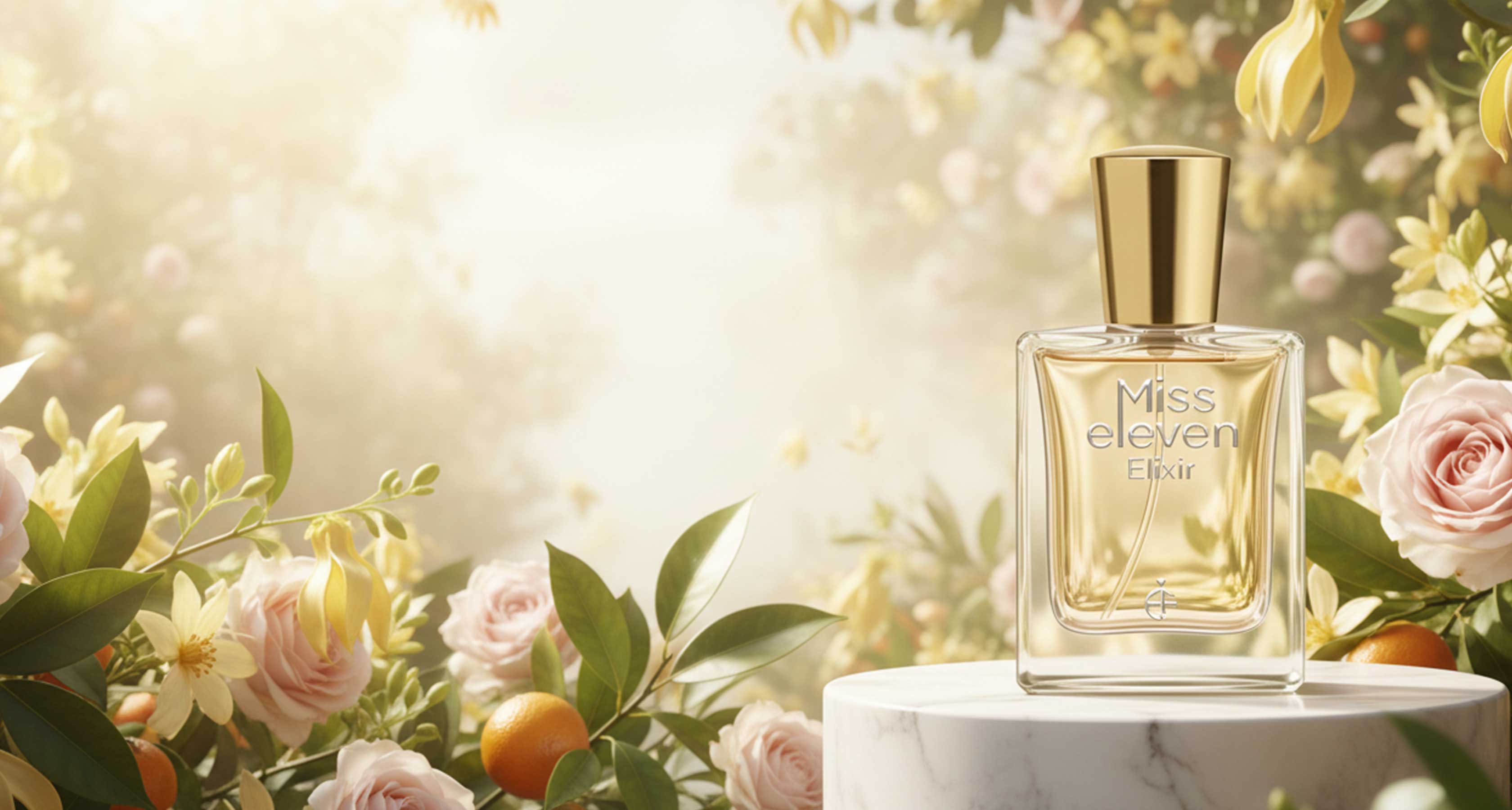 Miss Eleven Elixir perfume bottle featuring luxurious vanilla, rose, citrus, patchouli, and woody accords in an elegant feminine fragrance.